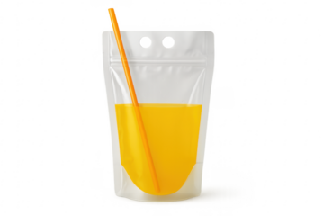 Transparent pouch filled with orange juice and orange straw on transparent background