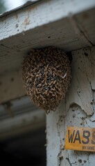 Insect nest under roof edge with danger sign