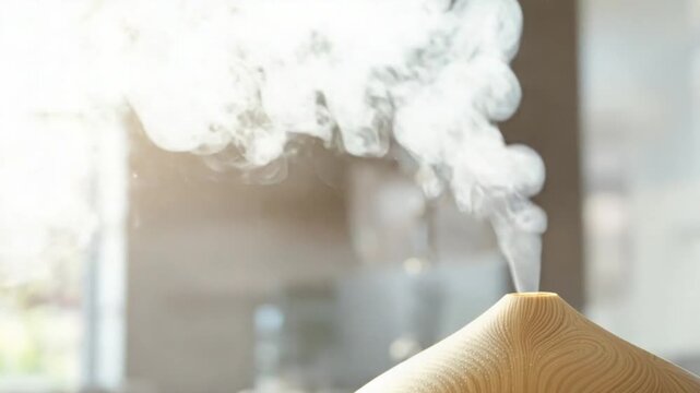 Wooden Essential Oil Diffuser Releasing Soothing Mist for Aromatherapy and Home Wellness in a Bright, Serene Indoor Environment