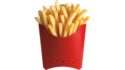 Crispy golden french fries in a vibrant red container