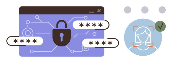 Digital padlock, passwords, and facial recognition highlight secure login. Ideal for technology, online security, data protection, privacy, authentication, access management and cyber safety themes