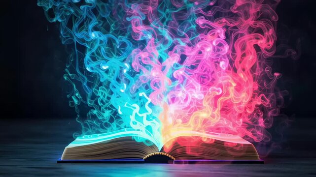 An enchanting book opens to release vibrant colors and whimsical sparks in a dark space, creating a mesmerizing atmosphere.