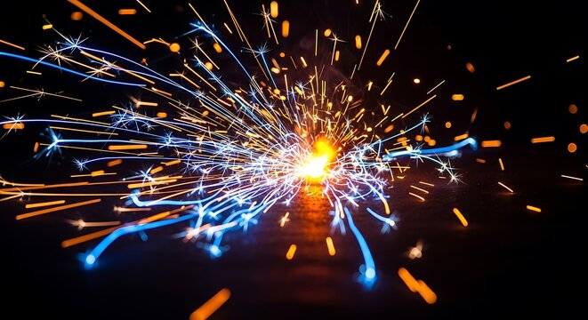 Energetic sparks ignite the darkness creating a mesmerizing display of light and electricity