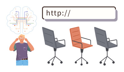 Man thinking with circuit-thumbs up brain, search bar for ideas, and modern swivel chairs in row. Ideal for creativity, brainstorming, technology, ideas, innovation workplace inspiration. Simple