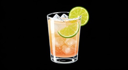 Refreshing Citrus Cocktail in Clear Glass with Ice and Lemon Lime Garnish on Black Background