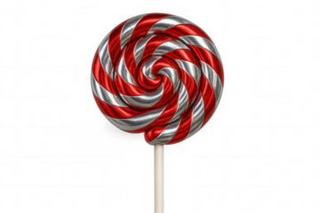 Red and silver lollipop with swirling design, isolated on a transparent background, perfect for sweet and festive projects