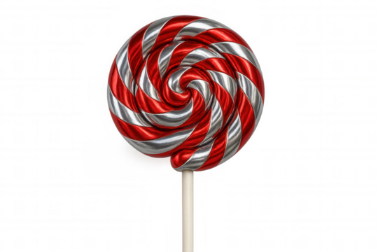 Red and silver lollipop with swirling design, isolated on a transparent background, perfect for sweet and festive projects