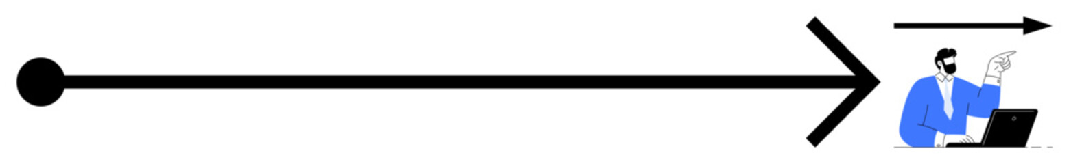 Bold arrow with point and dot emphasizes progress, direction, and focus. Person in blue working at laptop symbolizes innovation, vision, and professional growth. Ideal for planning, leadership