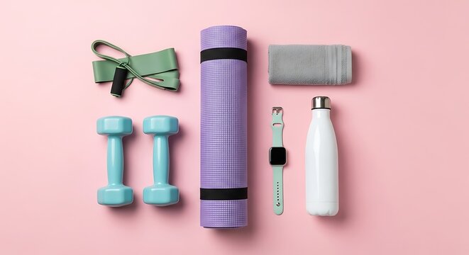 Fitness equipment lay flat arrangement for active lifestyle on light pink background