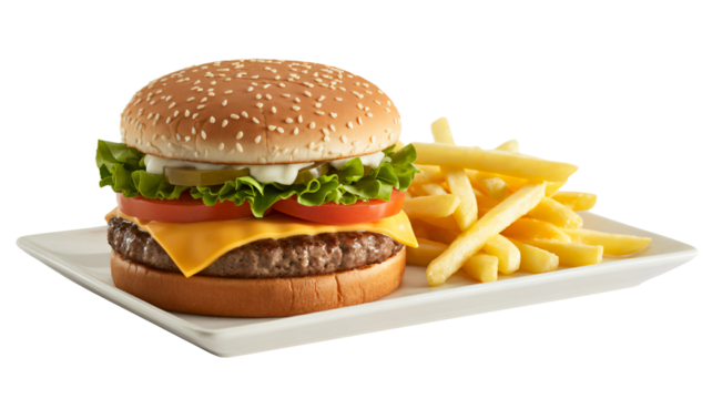 Delicious cheeseburger and fries ready to be devoured now