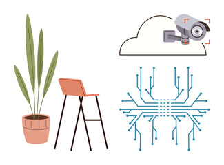 Tall green plant in pot, orange chair, cloud-linked surveillance camera, and networked circuit pattern. Ideal for workspace, technology, cybersecurity, smart systems, innovation connection