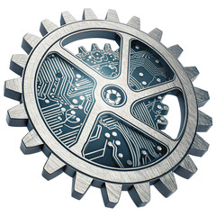 Dynamic metallic gear intricately fused with glowing circuit board patterns symbolizing technological innovation and complex systems
