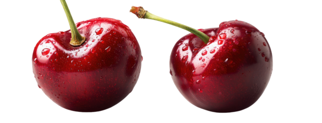 Two fresh, vibrant red cherries with water droplets