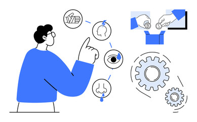 Person pointing to visual sensory icons linked to actions thumbs up decision-making, perception, and transaction. Ideal for education, psychology, cognitive science, teamwork, communication