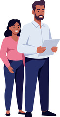 Obraz premium Man Reading Document with Woman Standing Behind in Casual Clothes Vector Illustration 