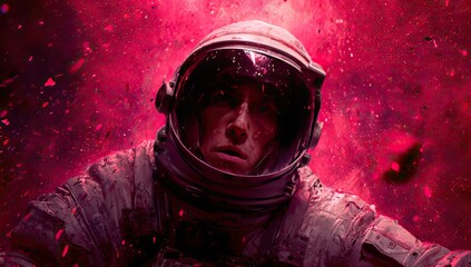 Astronaut faces imminent danger amidst a burst of red cosmic energy