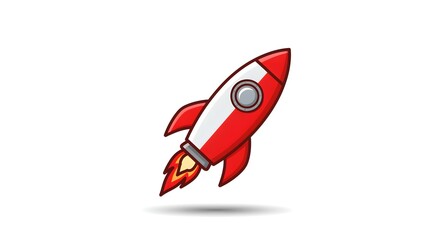 Cartoon Red Rocket Ship Launching with Fire and Smoke in White Background