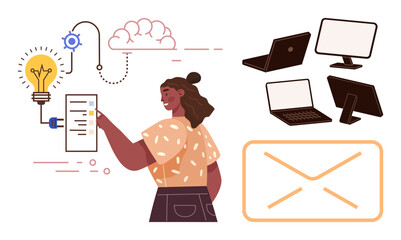 Woman pointing at ideas with lightbulb, cloud, and flowchart, alongside laptops, monitors, and an envelope. Ideal for innovation, teamwork, communication creativity problem-solving technology