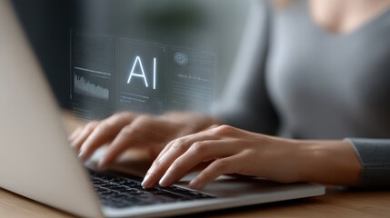 Close-up view showing woman typing on laptop computer. Artificial intelligence concept, AI graphic overlay, represents technology, computing, future. Person types, working, using modern device,