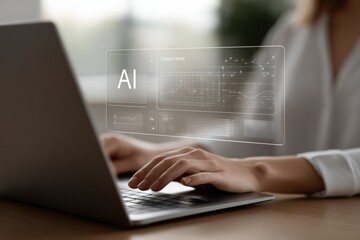 Ai technology merges data analysis. Businesswoman utilizes computer, interacting digital interface, viewing complex charts. Exploring future possibilities within business, science, tech. Innovation,