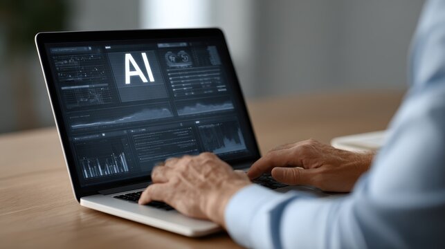 Modern workspace showcases person using laptop displaying data analytics. Artificial intelligence, AI, is seen. Hands type on keyboard as machine learning algorithms process information. Technology,
