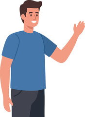 Fototapeta premium Young man waving hand in casual blue shirt friendly greeting vector illustration 