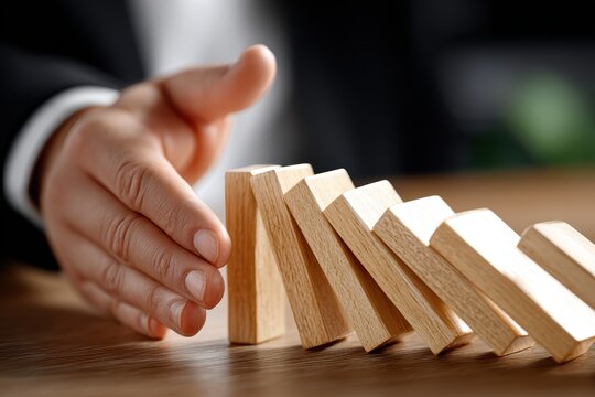 Close-up view shows person's hand attempting stop falling wooden blocks. Concept represents crisis management, business risks, failure, problem-solving, prevention, domino effect, control, stability.