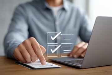Person completes checklist, process related digital work. Task, check, selection are important. Laptop use, finger touch, documents represent business, success, completion. Digital device sits on