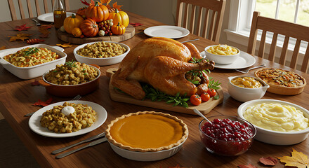 Traditional Thanksgiving feast with roasted turkey, pumpkin pie, stuffing, mashed potatoes, and seasonal decorations, isolated on pure white background, realistic and detailed photography