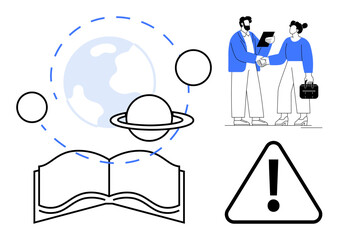 Planet Earth, open book, business handshake, planetary orbit, warning sign. Ideal for education, global awareness, teamwork, business professional development information sharing responsibility
