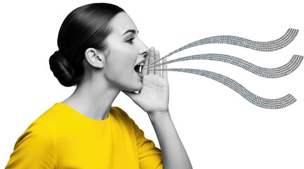 Young woman shouting stream of binary code emerging from mouth isolate collage art Data Communication
