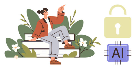 Woman sitting on stacked books while pointing upward, surrounded by green foliage. AI chip and lock highlight technology, learning, and cybersecurity. Ideal for education, AI, tech, online safety