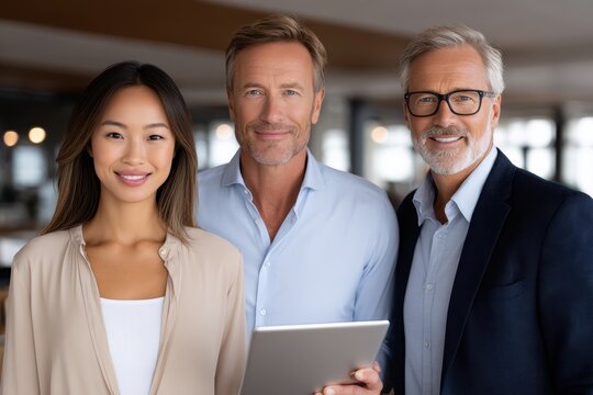 Diverse group smiling confidently, showcasing professional demeanor. Business team poses together, holding tablet. Portrait depicts teamwork, collaboration, success. Expressions highlight positive