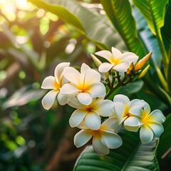 Naklejka premium White frangipani flowers blooming on tree with sunlight.