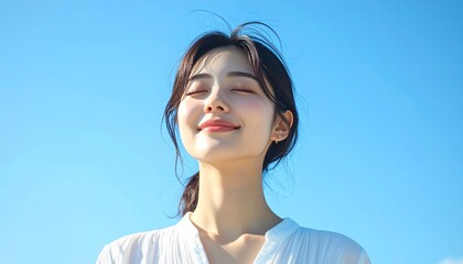 Fototapeta premium 快晴の中で髪を風になびかせた若い日本人女性,A young Japanese woman with her hair blowing in the wind under a clear blue sky. 