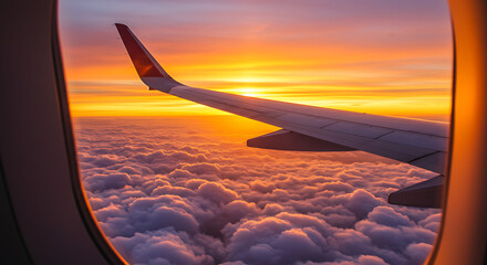 Obraz premium Airplane wing view from window above clouds with sunset sky — travel and aviation background