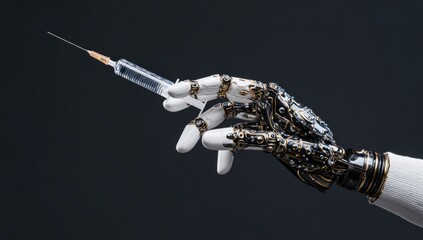 Robotic hand holds syringe, medical concept, futuristic, healthcare