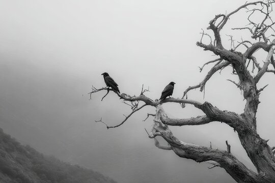 Two crows perched on barren tree branch, foggy landscape