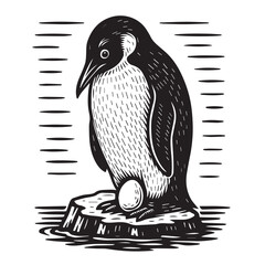 Penguin with Egg on Ice Floe in Linocut Woodcut Print Style
