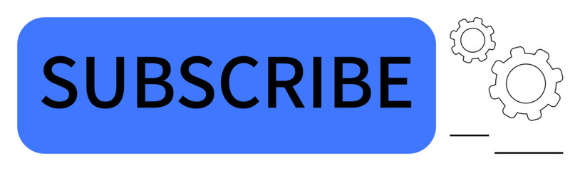 Blue subscribe button with bold text, accompanied by gear icons for functionality, automation, updates. Ideal for subscription, notification, service, software, tech support marketing simple