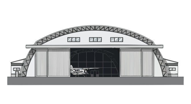 Detailed illustration of an aircraft hangar with a small plane inside offering a glimpse into the world of aviation and aviation infrastructure