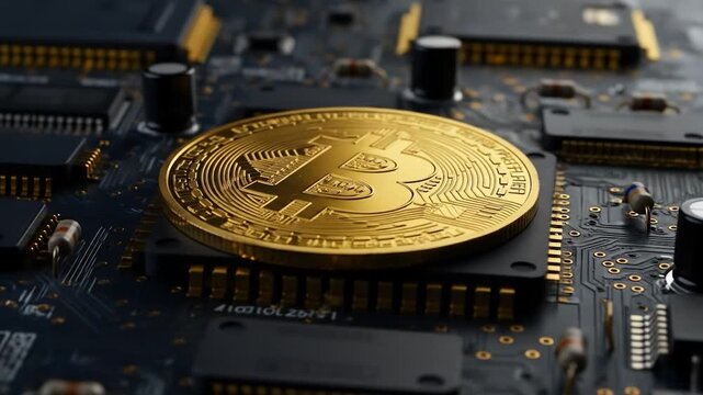 Digital currency and circuit board technology intertwined high detail close up