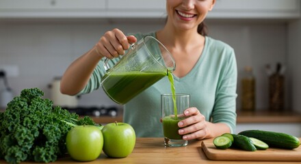 Woman pouring green smoothie healthy drink