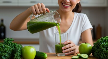 Woman pouring green smoothie into glass