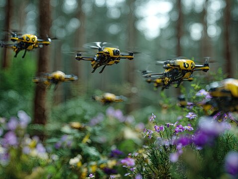 Swarm of yellow drones flying over purple flowers, forest background