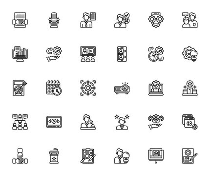 Presentations icon set. Business vector illustrations. Features symbols for meeting, video conference, management, strategy, collaboration, presentation and more. Editable vector.