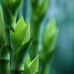 Lush green bamboo stalks with fresh leaves. Serene, natural, and vibrant