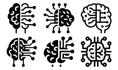 Artificial Intelligence Brain Chip Icon Set – Neural Network Technology, Machine Learning, and Digital Circuit Connection Symbol Collection in Modern Line Style