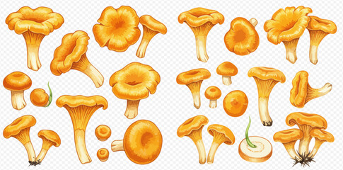 A detailed collection of golden chanterelle mushrooms, shown whole, sliced, and in clusters from various angles.