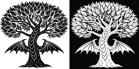 Mystical dragon tree symbol embracing fantasy and nature with striking black and white contrast